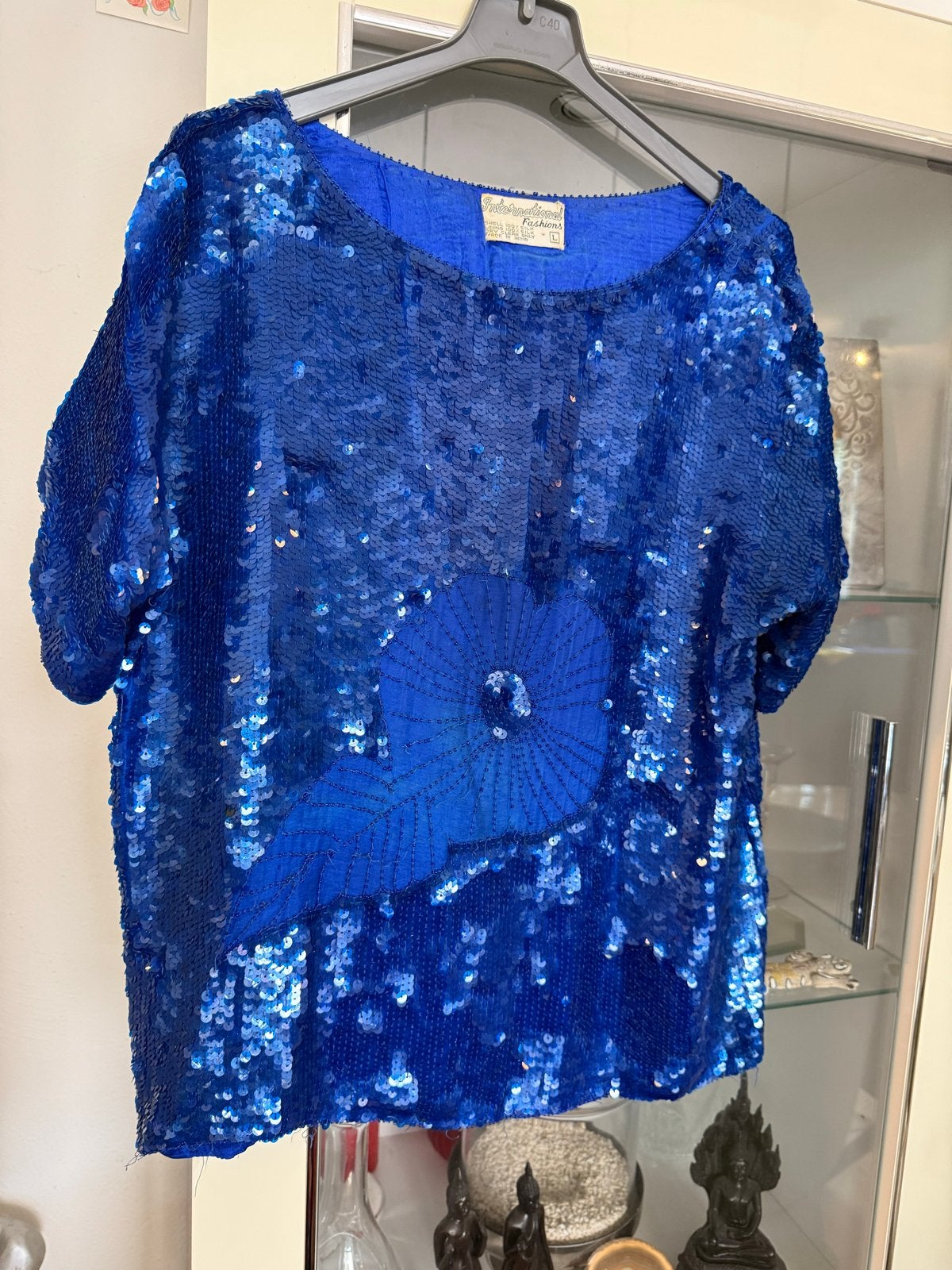 Vintage Fashions Blauw Pailletten Top Maat L, Kleding | Dames, Blauw, Maat 42/44 (L), Ophalen of Verzenden, Korte mouw