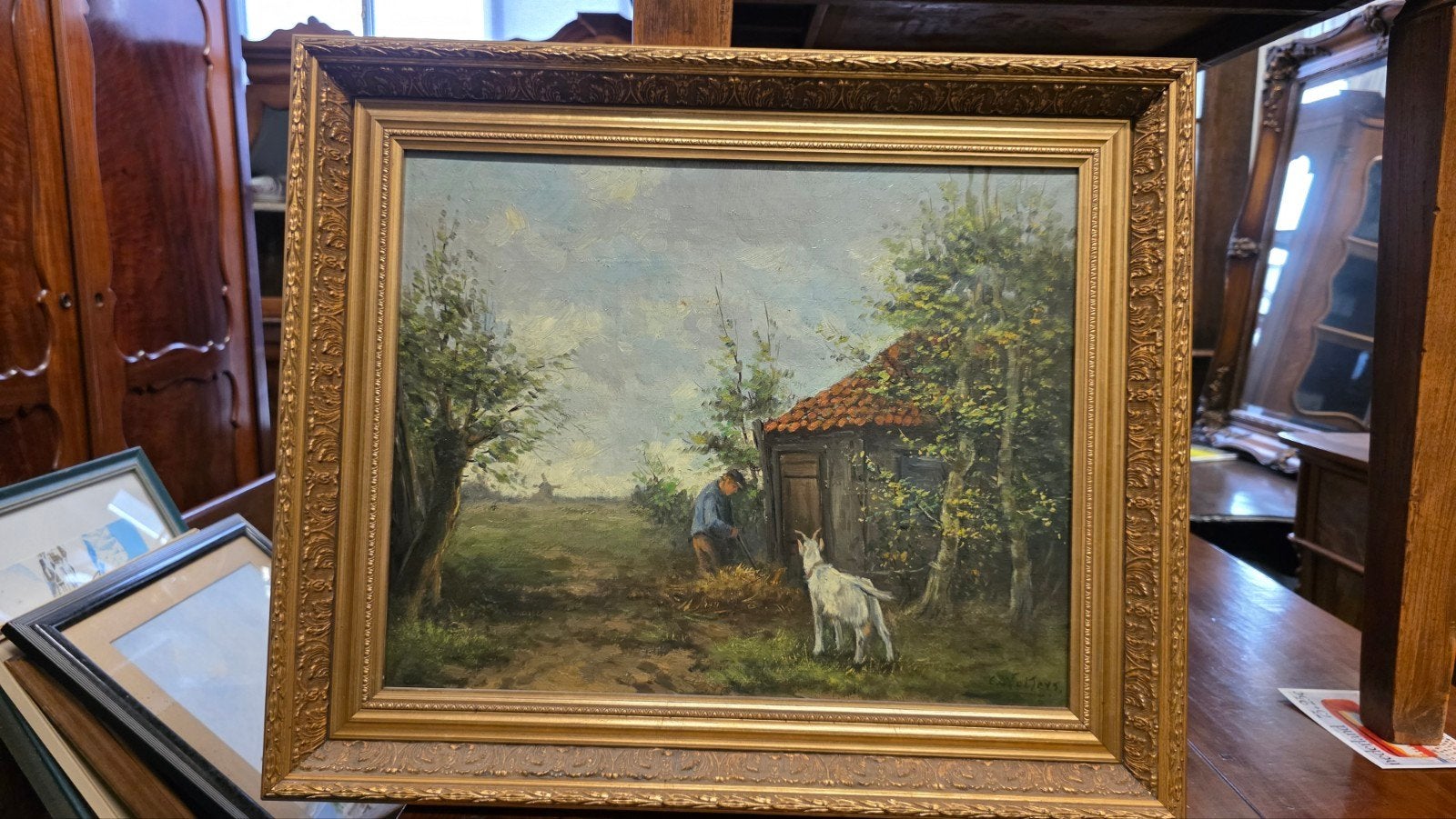 antiek gesigneerd schilderij met Geitjes, Ophalen