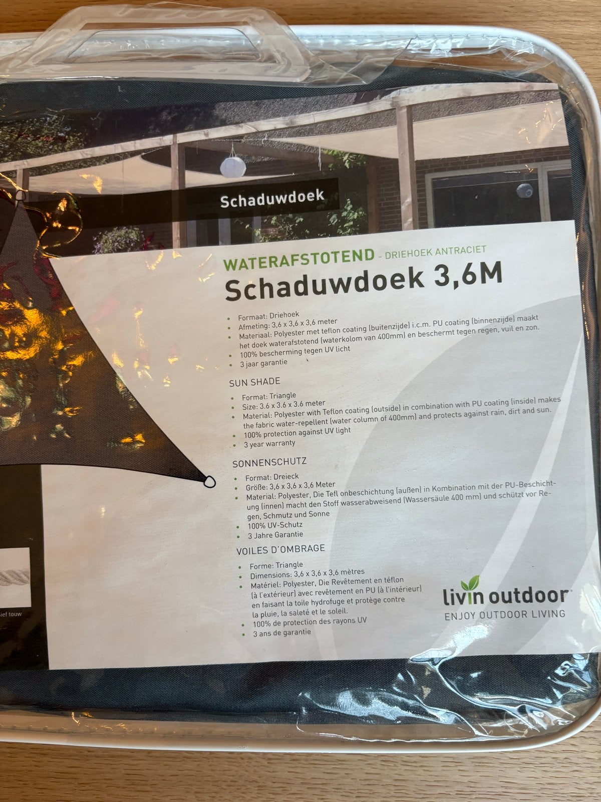 Schaduwdoek driehoek 3,6m x 3,6m x 3,6m waterafstotend, Ophalen of Verzenden, Nieuw