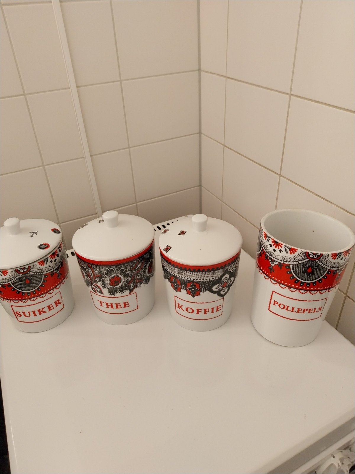 Vintage voorraadpotten set: Suiker, Thee, Koffie, Pollepel, Ophalen, Gebruikt, Voorraadpot, Steen/keramiek