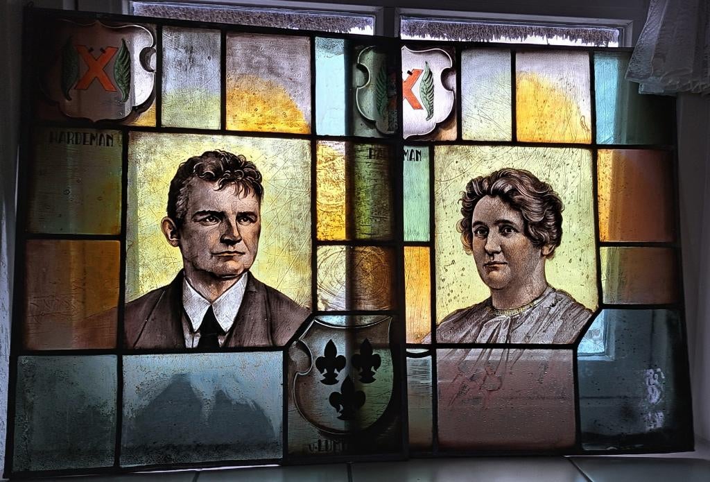1900: 2x gebrandschilderd portret glas in lood raam hanger, Antiek en Kunst, Ophalen of Verzenden
