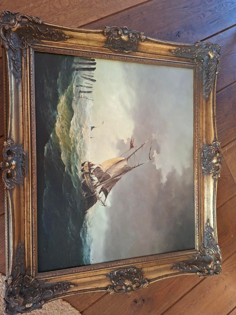 Schilderij J. vd Heijden - Schip op woeste zee, Antiek en Kunst, Ophalen