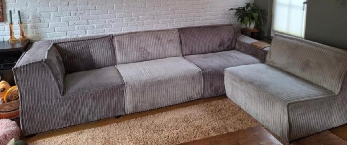 Ribstof beige/taupe hoekbank, Ophalen, Zo goed als nieuw