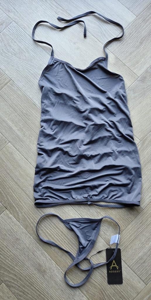 Set lingerie kleur grijs - Hempje + string - onesize, Verzenden, Grijs, String