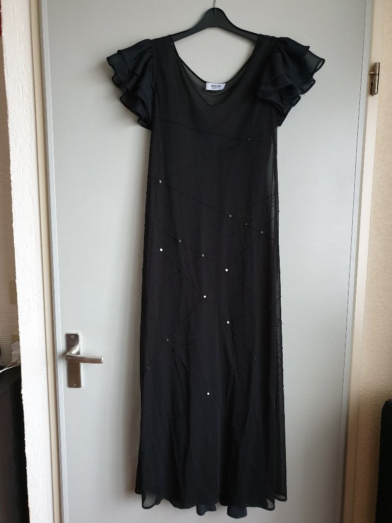 Zwarte lange avondjurk van Moschino - maat 38, Maat 38/40 (M), Zwart, Zo goed als nieuw, Onder de knie