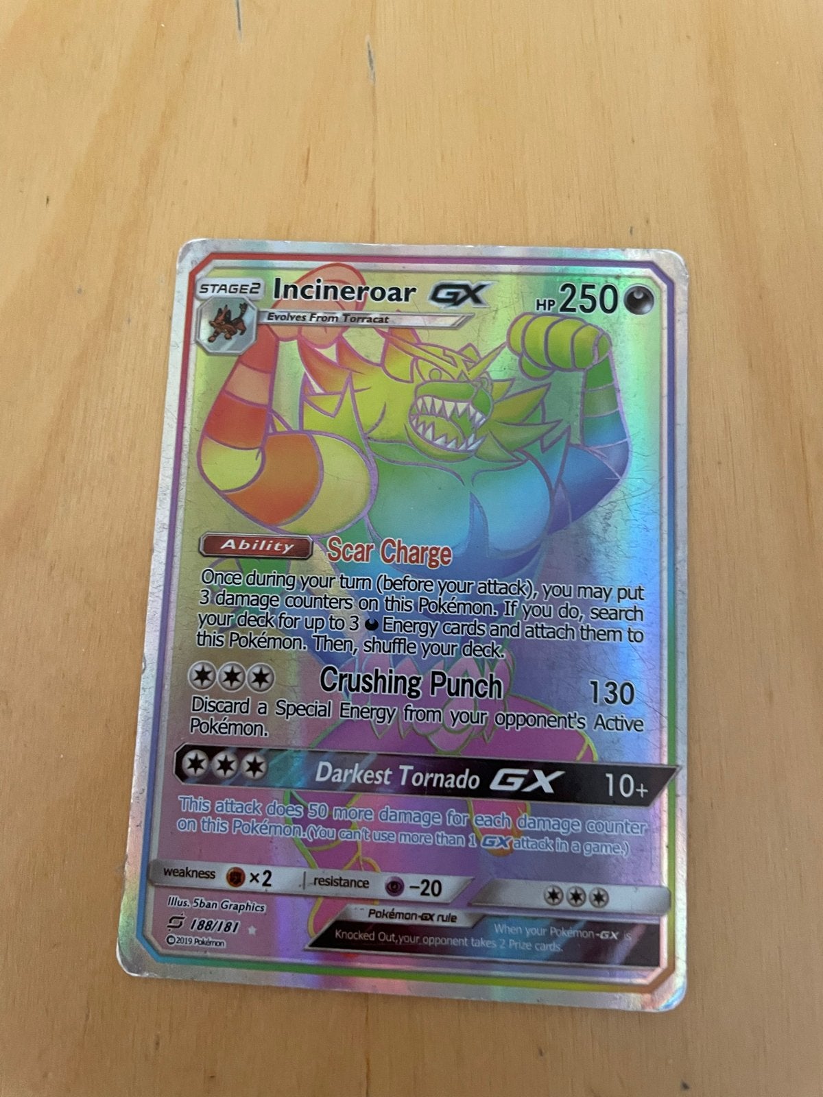 Incineroar GX Rainbow Rare Pokémon Kaart (188/181), Ophalen of Verzenden, Gebruikt, Losse kaart, Foil