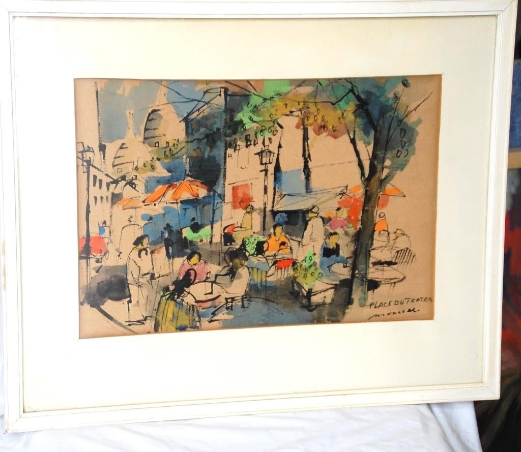 schilderij van Parijs P.Pace du Tertre in Frankrijk, Antiek en Kunst, Kunst | Tekeningen en Foto's, Ophalen of Verzenden