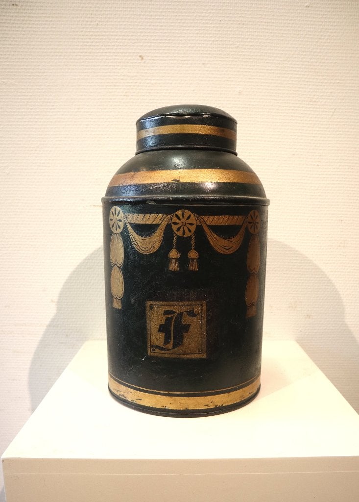 Antiek beschilderd voorraadblik, winkelblik 19e eeuw, Antiek en Kunst, Ophalen of Verzenden