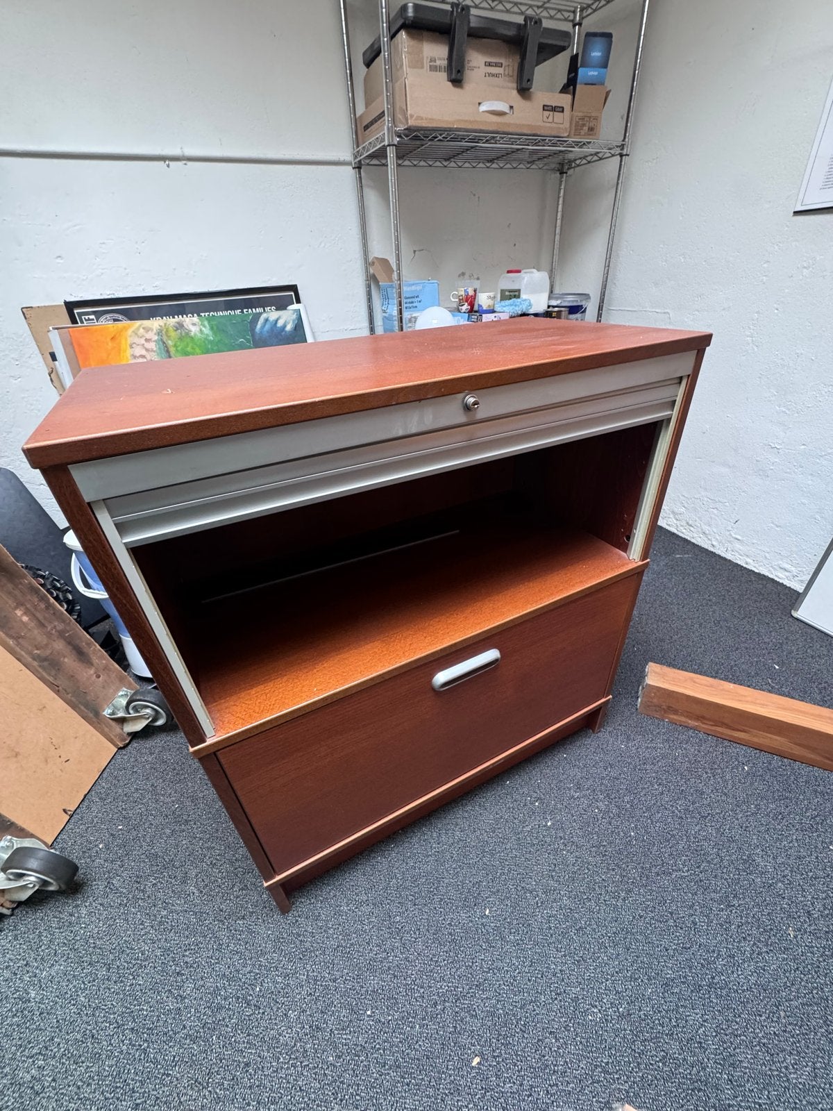 Houten archiefkast met roldeur en lade, Ophalen, Gebruikt, 50 tot 100 cm, Minder dan 100 cm