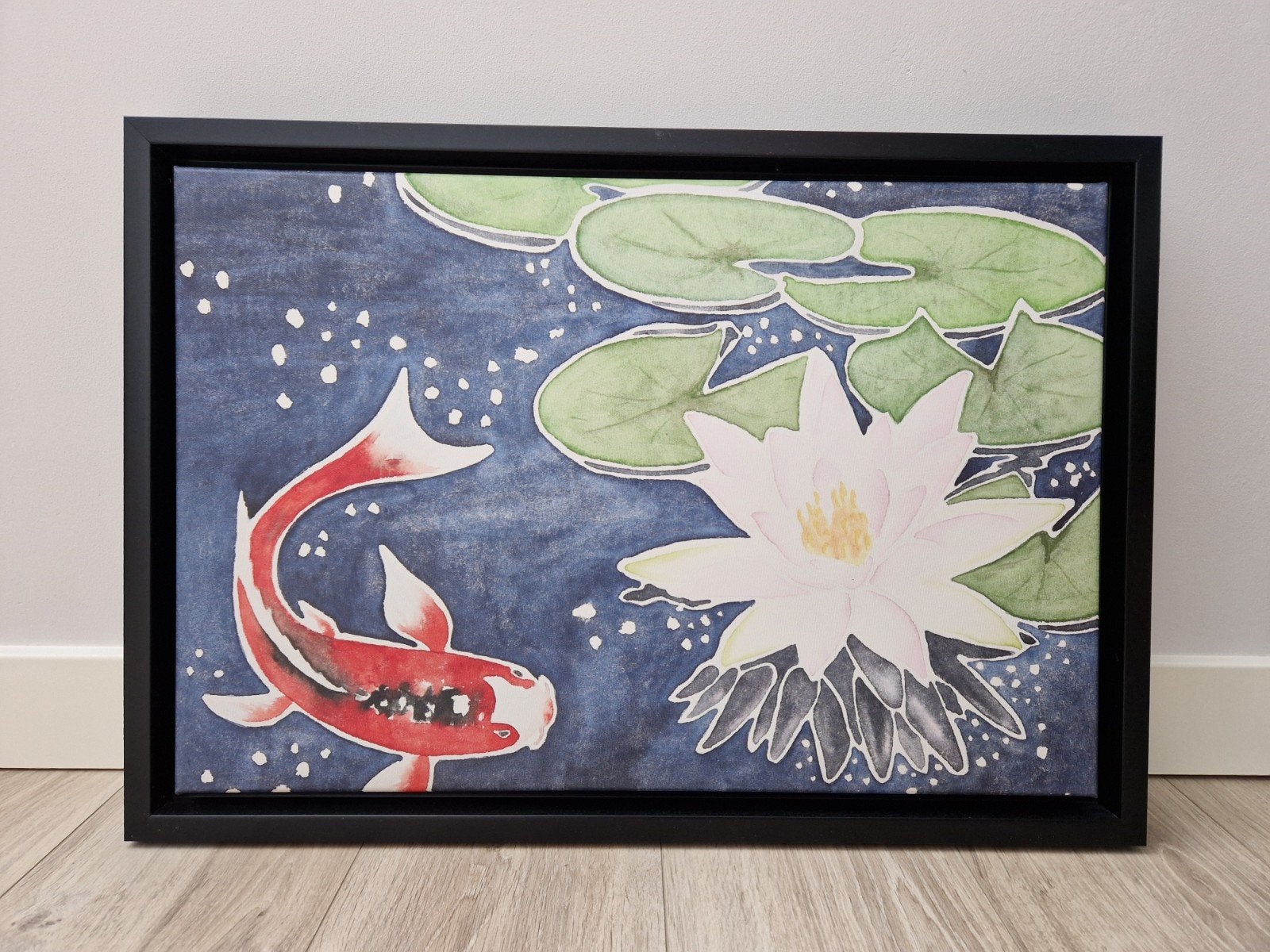 Canvas schilderij: Lotusbloem & Koi Karper (baklijst), Ophalen, Aquarel, Dieren, Doek