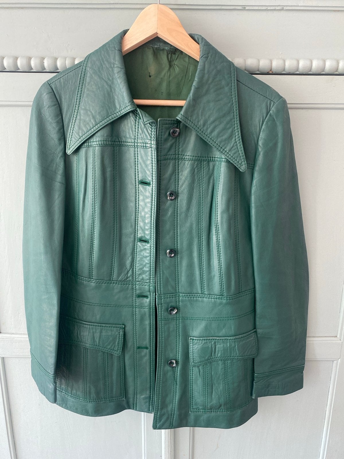Retro Leren Jas Zeegroen Maat S Jaren '70 Stijl, Kleding | Dames, Ophalen of Verzenden, Gedragen, Maat 36 (S), Groen