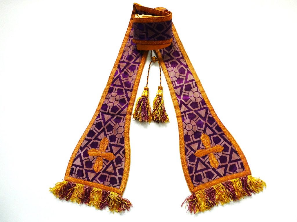 Liturgische kleding stola paars lila brokaat lint ca. 1900, Ophalen of Verzenden