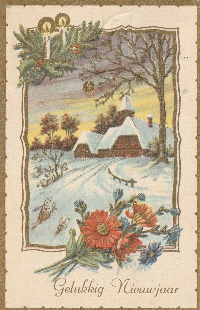 GOUDOPDRUK KERST BOERDERIJ UIT 1957 MOOIE OUDE KAART KN740, Ophalen of Verzenden, 1940 tot 1960, Gelopen