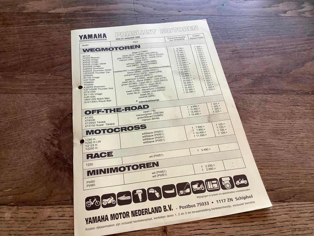 Yamaha Prijslijst Motoren 1996, Verzenden, Yamaha