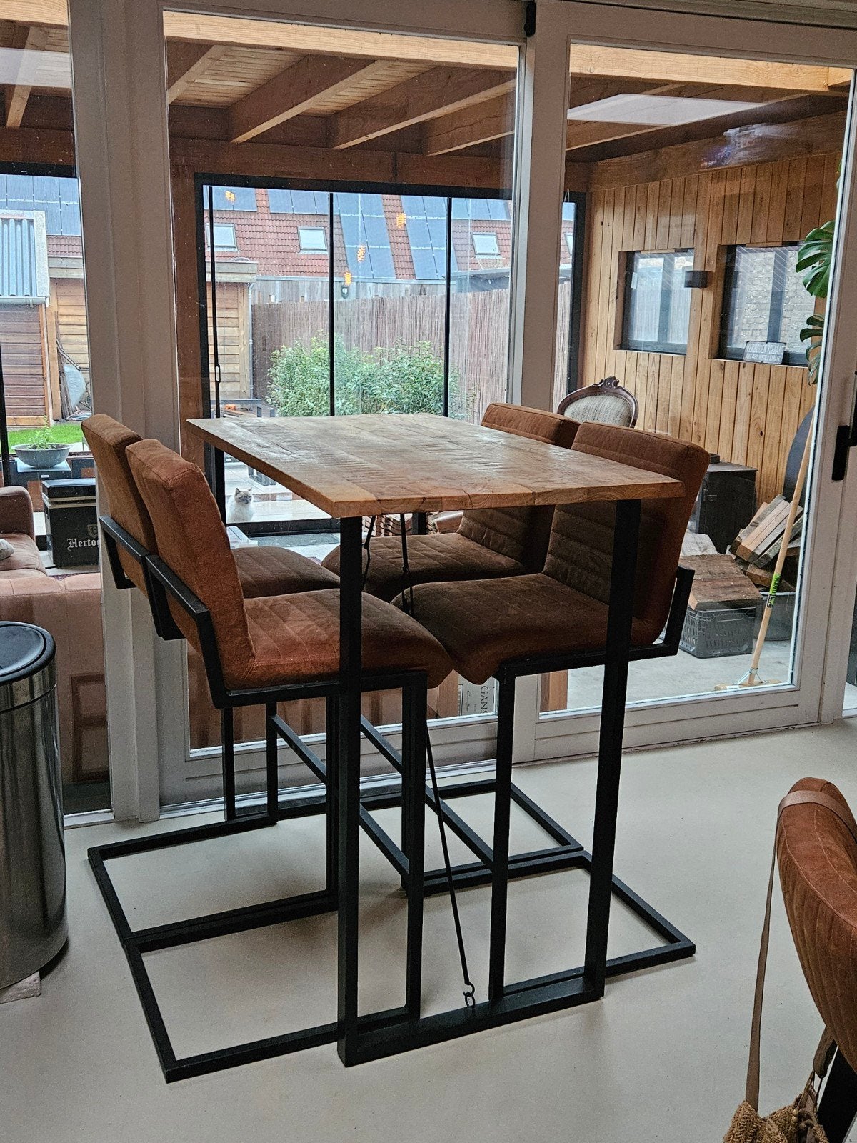 Robuuste bartafel met 4 stoelen - Mangohout en metaal, Huis en Inrichting, 100 tot 150 cm, Industrieel, Modern, 50 tot 100 cm