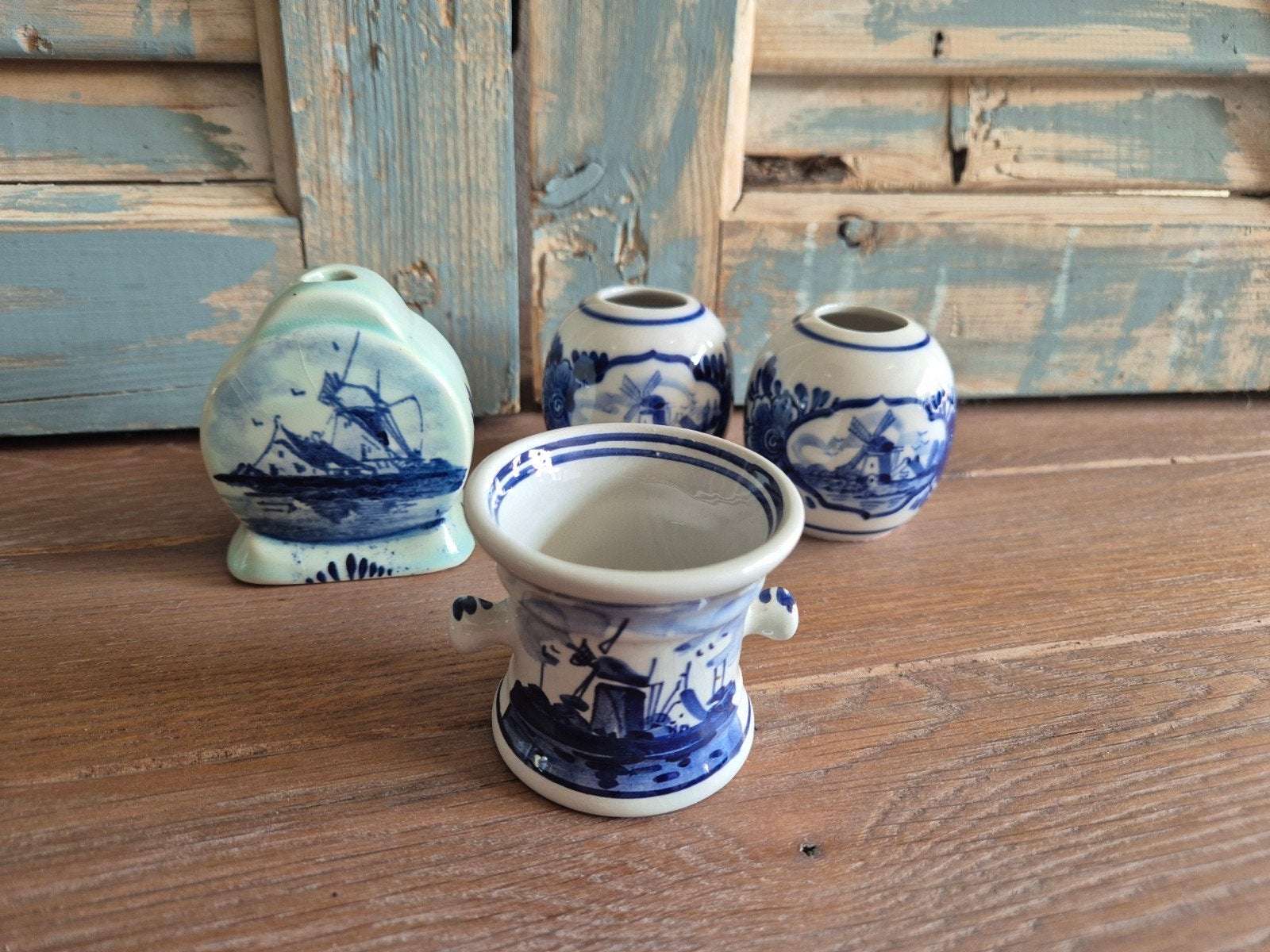 Mooie set van 4 vintage Delfts blauwe vaasjes / potjes, Antiek en Kunst, Ophalen of Verzenden