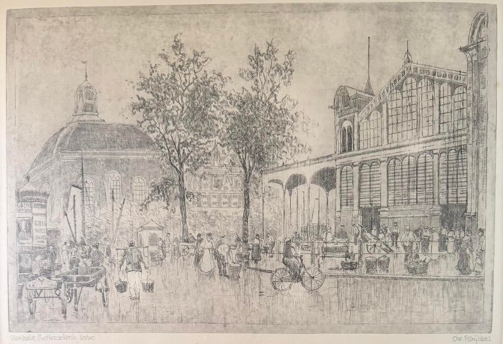 Chr. P. Snijders - ets Oud Rotterdam, Ets, Stadsgezicht, 27 cm, Ophalen of Verzenden