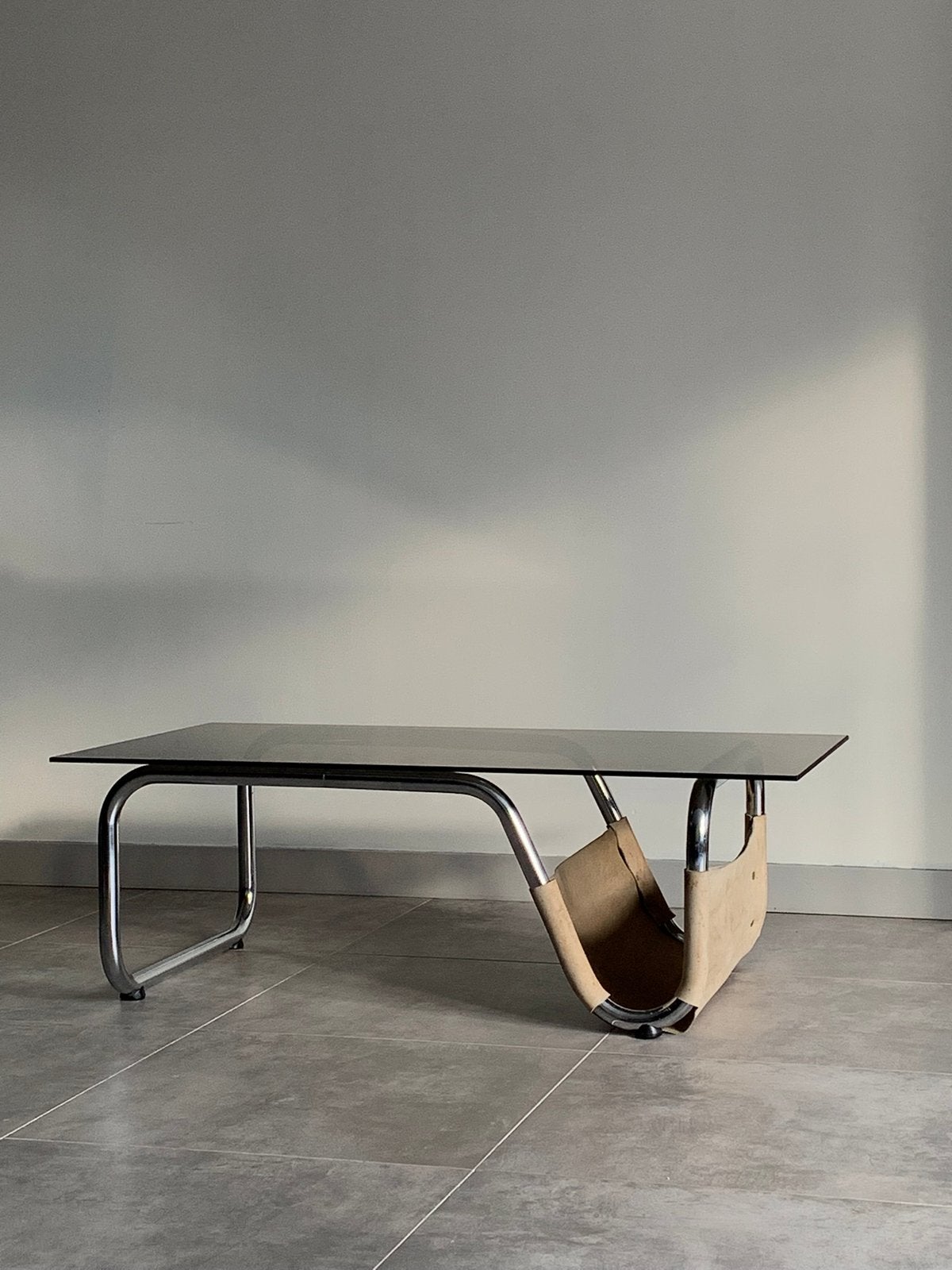 Vintage chrome space age buisframe tafel rookglas, Ophalen, Gebruikt, 100 tot 150 cm, 50 tot 100 cm