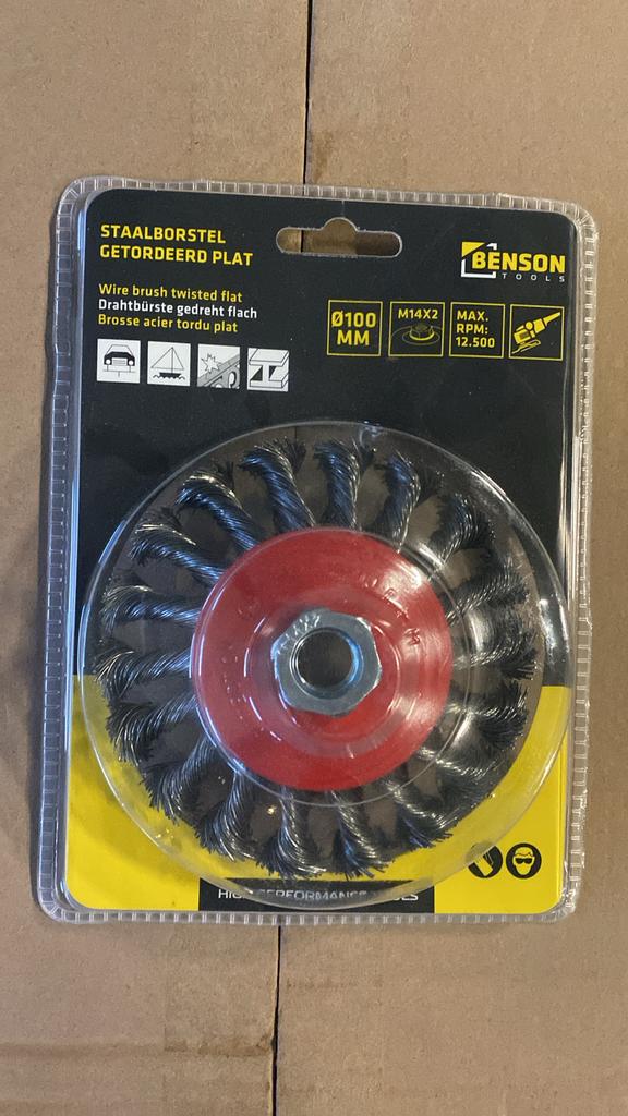 Benson Tools Staalborstel Getordeerd Plat - Ø100mm M14x2, Tuin en Terras, Hand-tuingereedschap, Nieuw, Ophalen of Verzenden