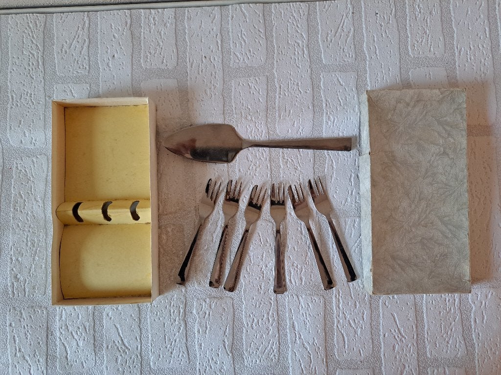 Vintage gebak bestekset met 6 vorkjes, LCC Stainless steel, Huis en Inrichting, Keuken | Bestek, Ophalen of Verzenden, Gebruikt