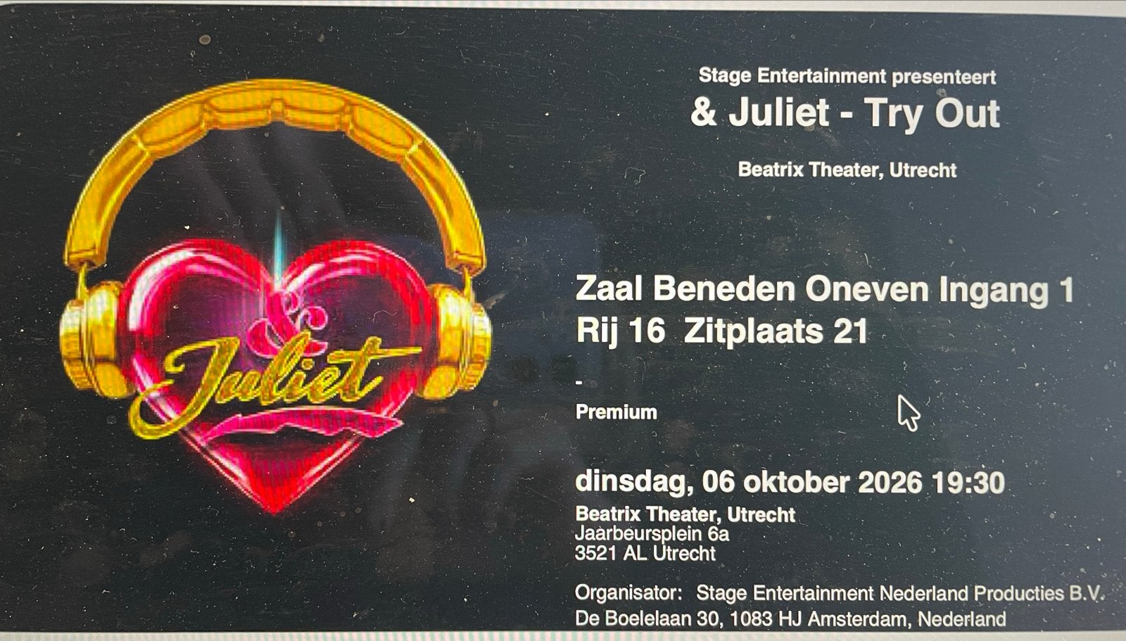 Twee entree tickets try-out musical &Juliette, Twee personen, Oktober