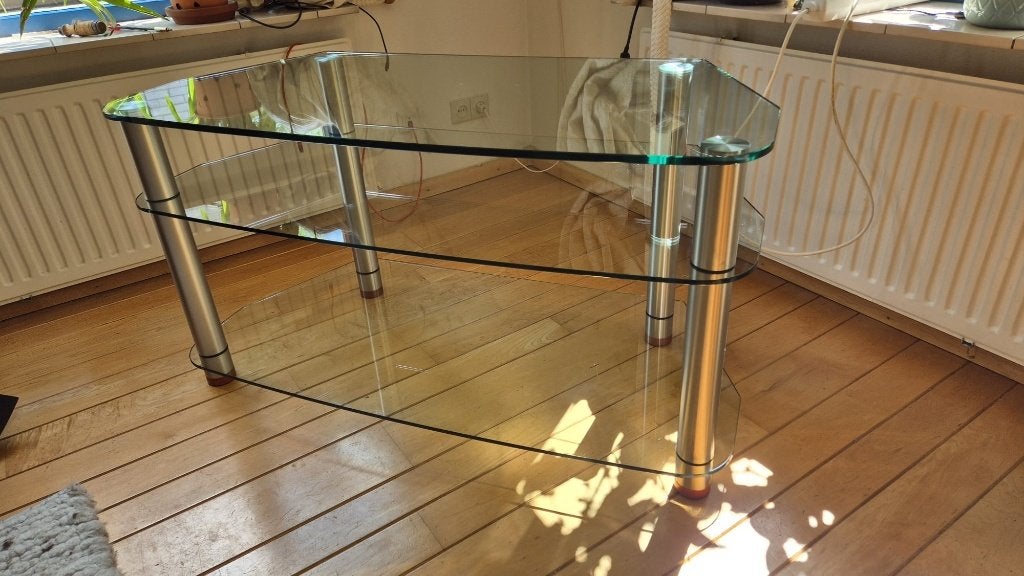 Glazen TV/audiomeubel met glazen platen/noten houten detail, Huis en Inrichting, Ophalen, Modern minimalistisch, 100 tot 150 cm