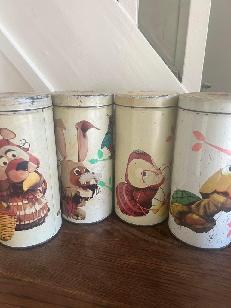 4 vintage bolletje Fabeltjeskrant blikken woondecoratie, Verzamelen, Blikken, Ophalen of Verzenden, Gebruikt, Beschuit, Bolletje