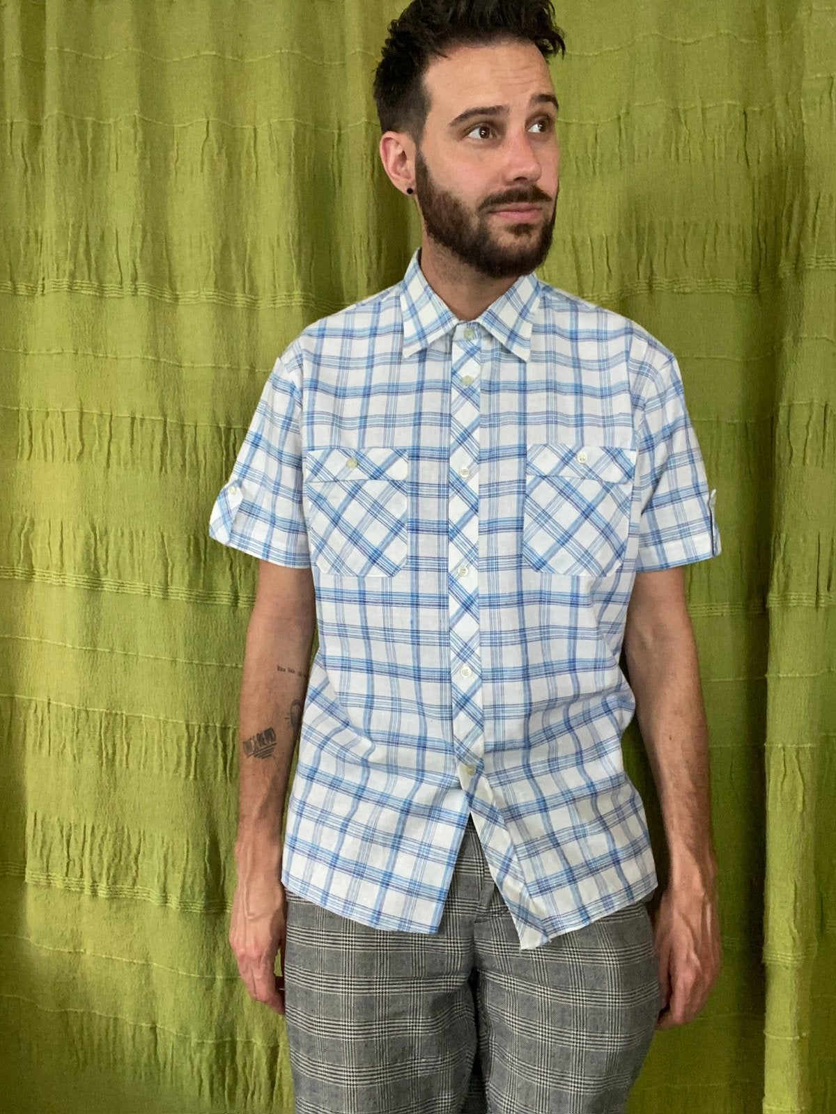 Vintage overhemd / shirt - wit/blauw - geruit M/medium, Kleding | Heren, Hgv, Blauw, Hgv, Gedragen