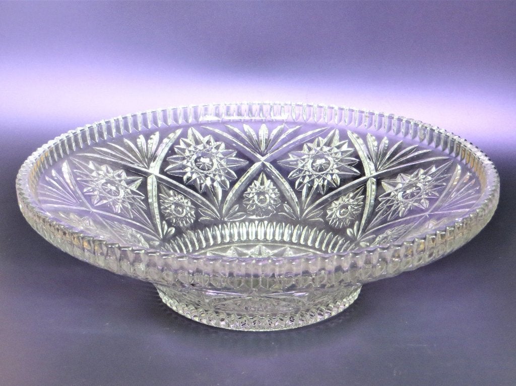 Fruitschaal schaal antiek helder glas gravering rond 33 cm, Ophalen of Verzenden