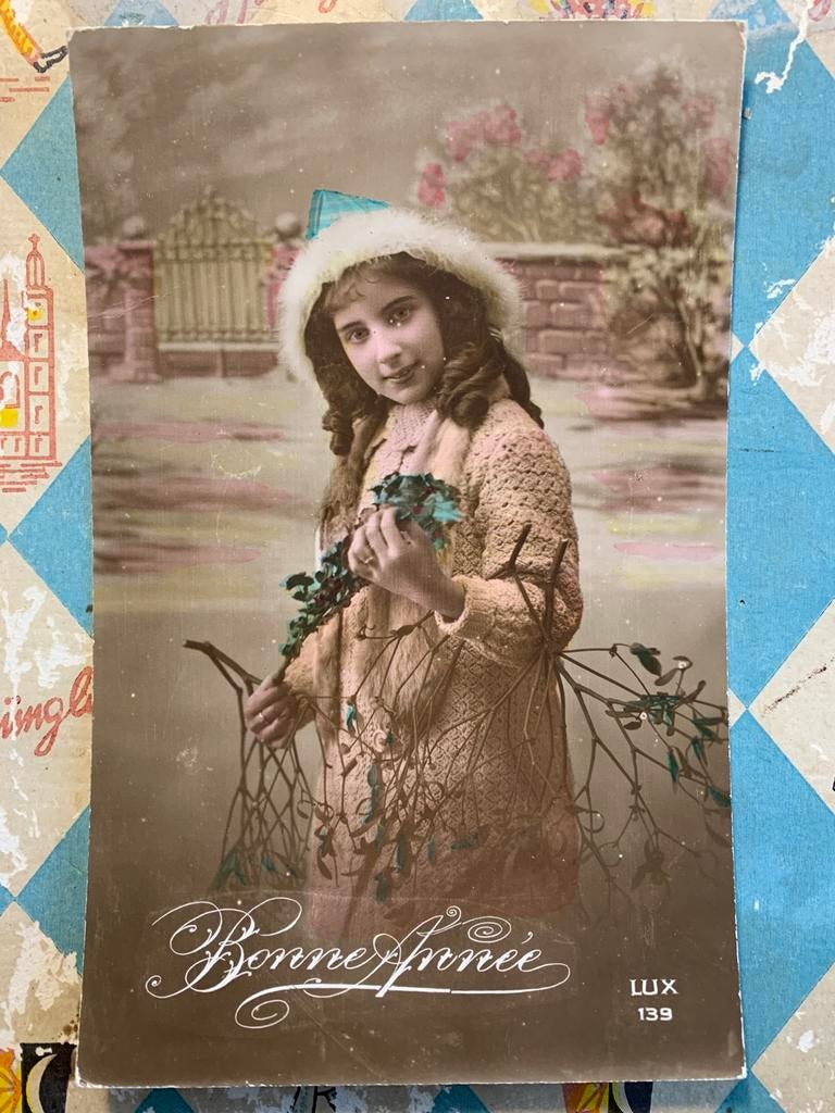 Bonne Année - jongedame met maretakken (PP), Ophalen of Verzenden, 1920 tot 1940, Gelopen, Feest(dag)