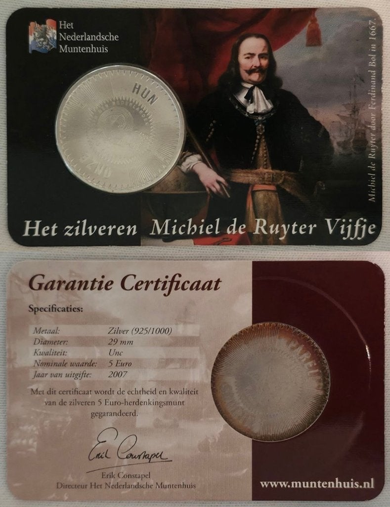 Nederland €5 – de Ruyter Vijfje – Coincard HNM – Zilver, Koningin Beatrix, Zilver, Euro's, Ophalen of Verzenden