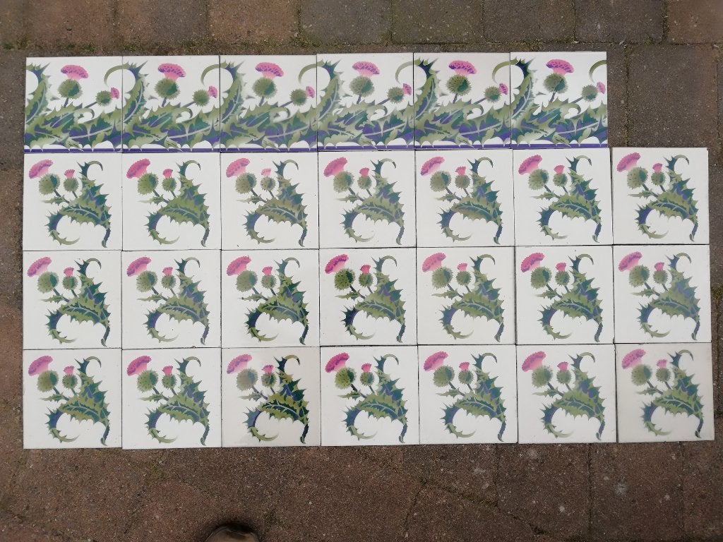 art nouveau tegel v achter fornuis groen-roze-paars, Antiek en Kunst, Ophalen