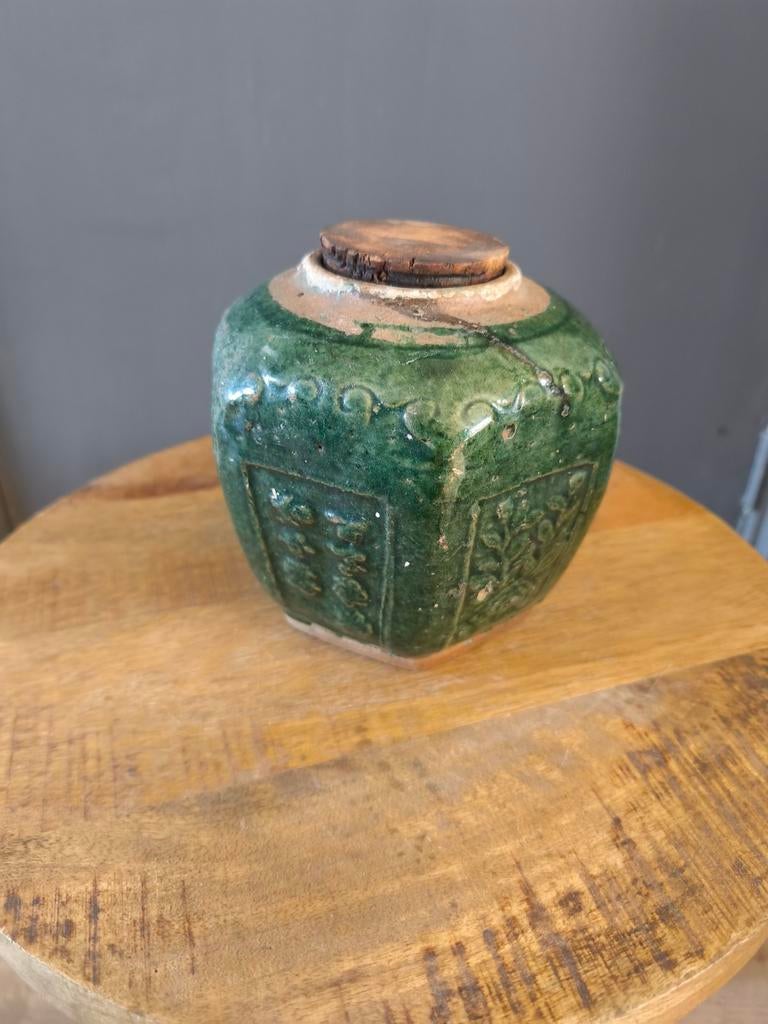 Antieke Groene Gemberpot met Kurken Deksel - 16,5 cm, Antiek en Kunst, Antiek | Keramiek en Aardewerk, Ophalen of Verzenden