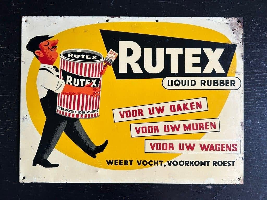 Metalen reclamebord - Rutex Liquid Rubber - decoratief 1956, Verzamelen, Ophalen, Gebruikt, Reclamebord