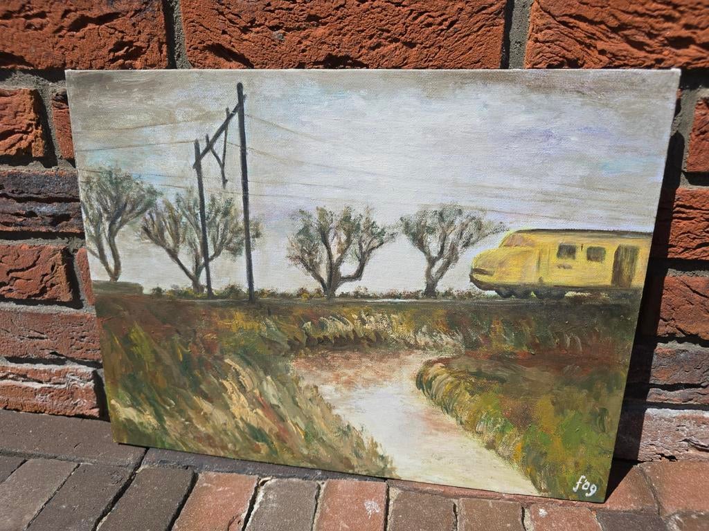 Prachtig schilderij Landscape With Train by Frank Van Wegel, Ophalen of Verzenden