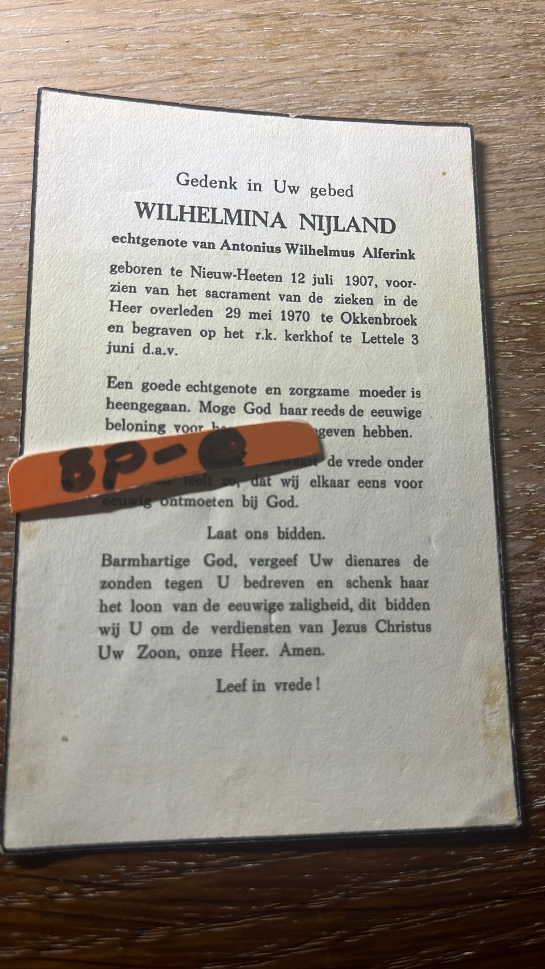 Nijland Wilhelmina Nieuw Heeten 1970 Okkenbroek x Alferink, Verzamelen, Bidprentjes en Rouwkaarten, Ophalen of Verzenden, Bidprentje