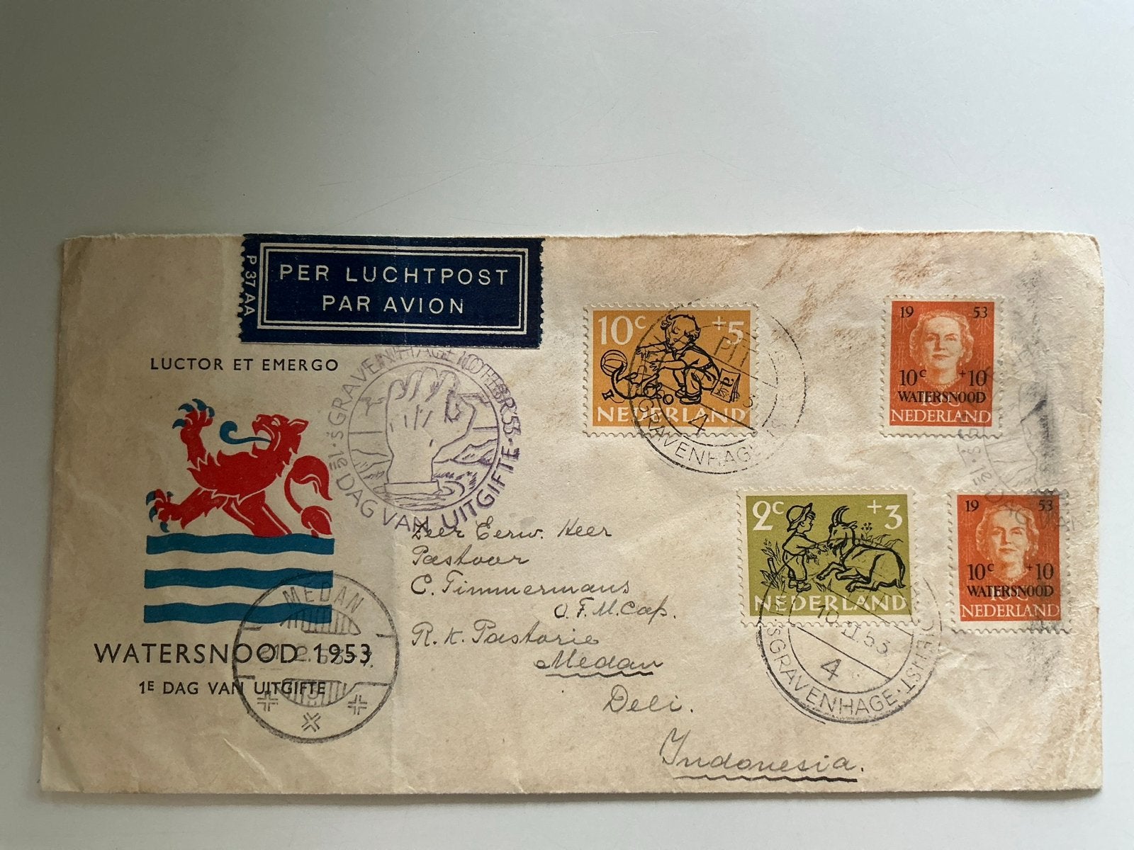 Watersnood 1953 Eerste Dag Uitgifte Luchtpostbrief, Ophalen of Verzenden, Na 1940, Gestempeld