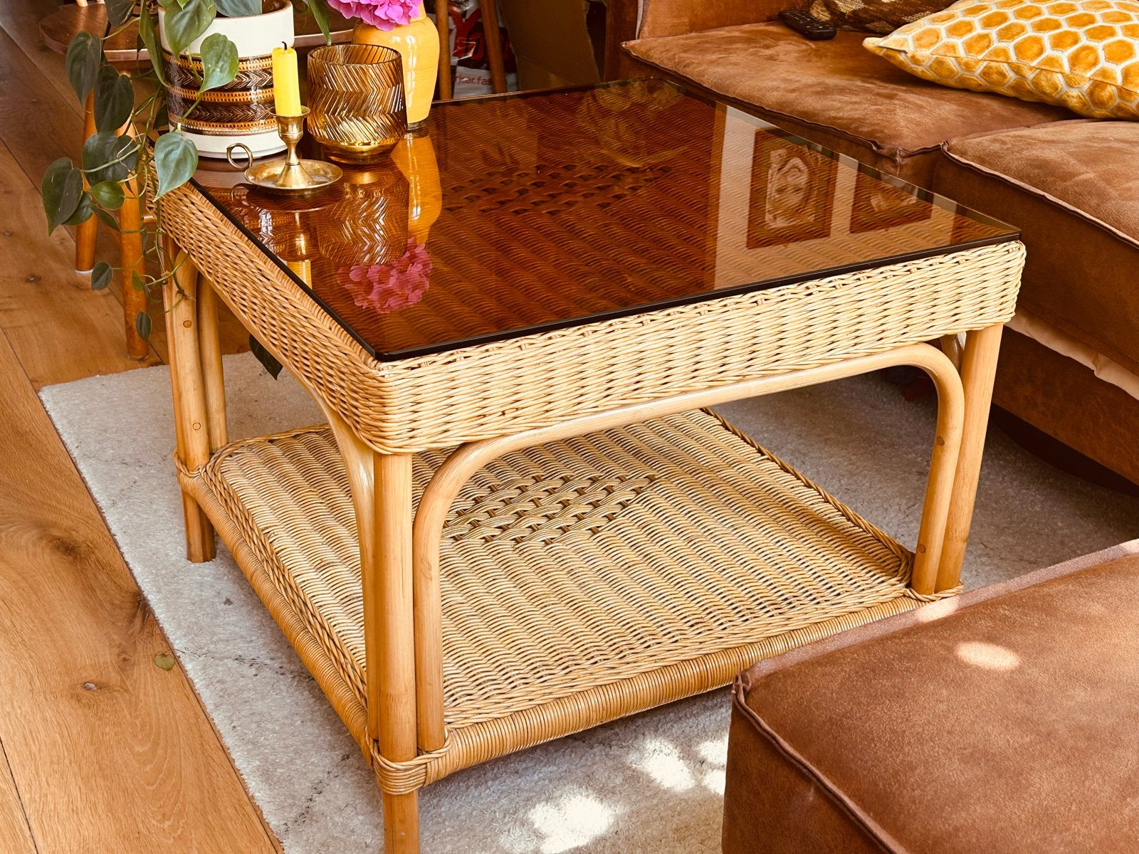 Unieke vintage rotan salontafel met rookglas, Ophalen, 50 tot 100 cm, Glas, 50 tot 100 cm