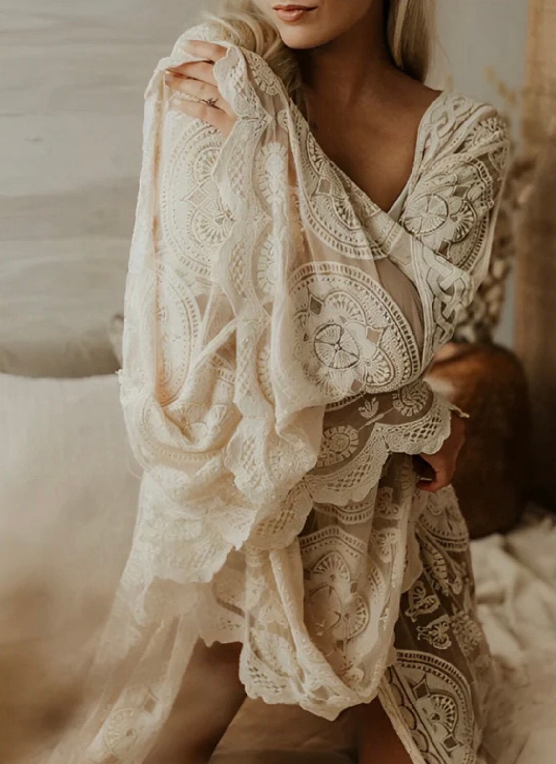 Kimono ecru kant L 40/42, Beige, Maat 42/44 (L), Ophalen of Verzenden, Zo goed als nieuw