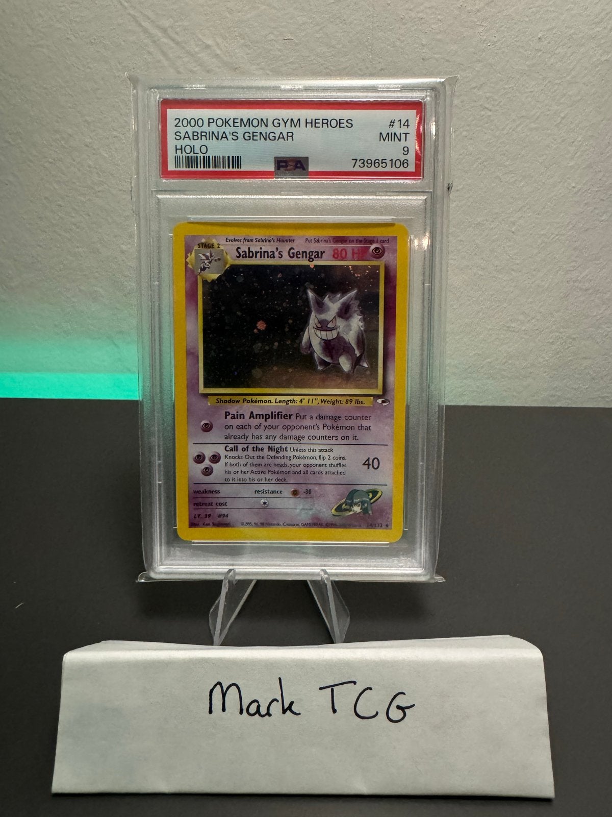 Sabrina's Gengar 14/132 Holo PSA 9 - Pokémon Gym Heroes 2000, Ophalen of Verzenden, Zo goed als nieuw, Losse kaart, Foil
