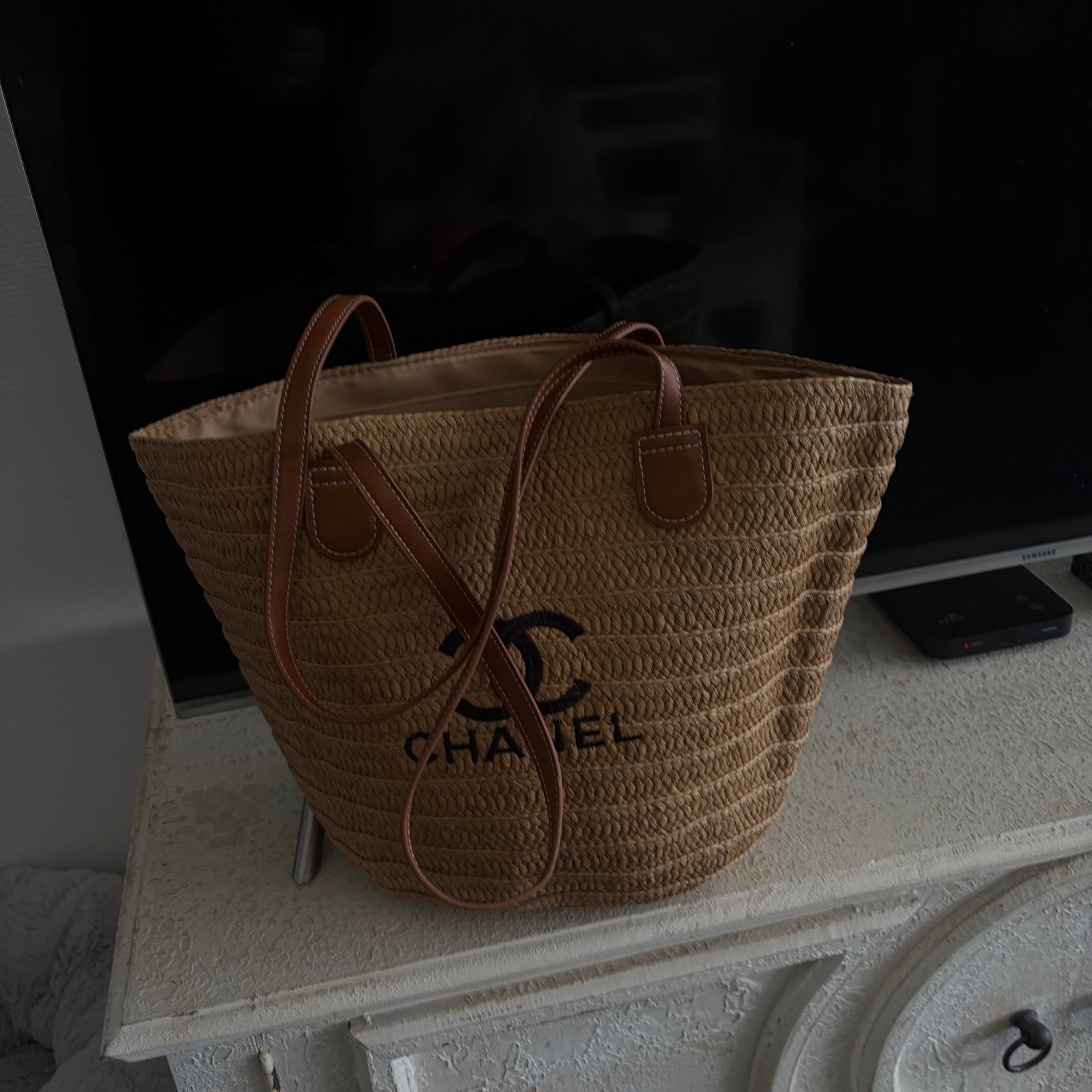 Stro shopper tas met leren hengsels, Ophalen of Verzenden, Zo goed als nieuw, Bruin, Shopper
