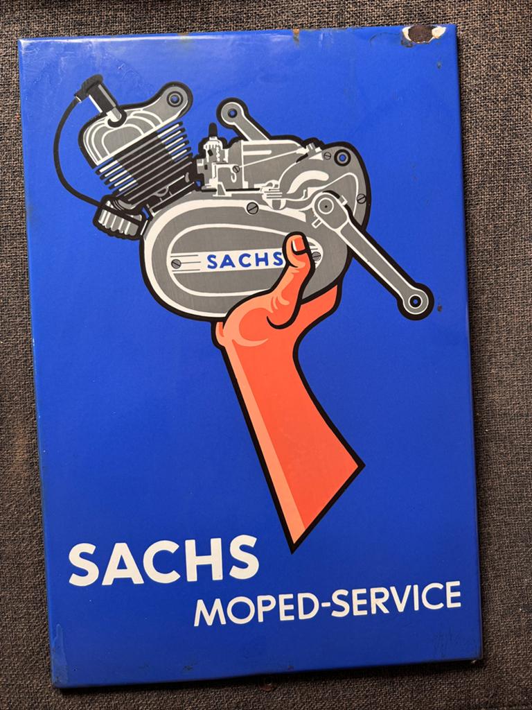 Emaille bord uit een garage / café Sachs, Ophalen of Verzenden, Gebruikt, Reclamebord