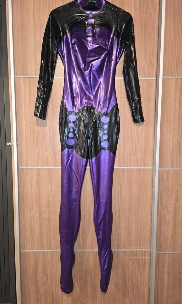 Libidex Latex Catsuit Zwart/Paars - Maat S, Verzenden