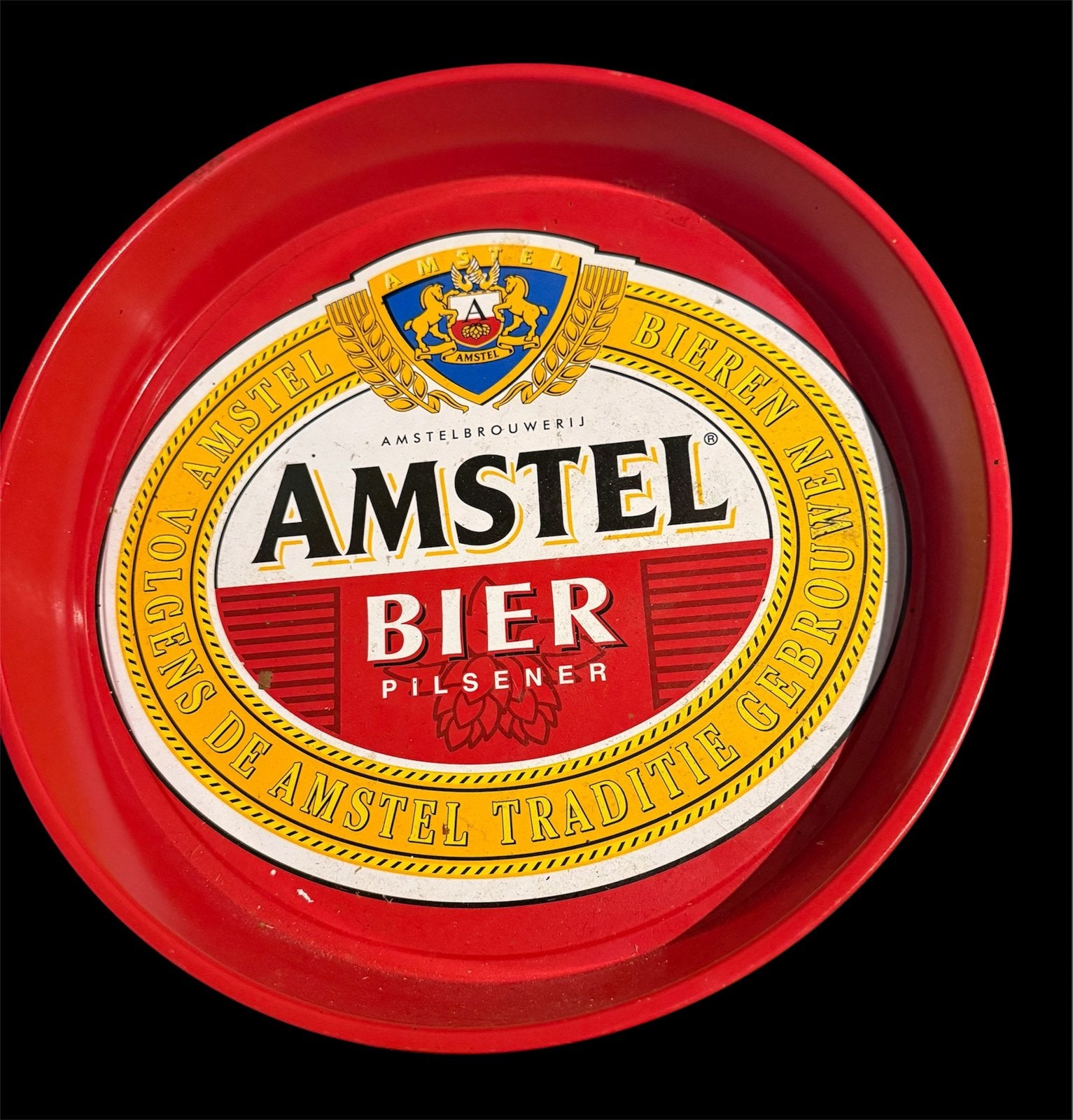Vintage Amstel Bier dienblad - Rood, rond, pilsener, Verzamelen, Ophalen of Verzenden, Gebruikt, Gebruiksvoorwerp