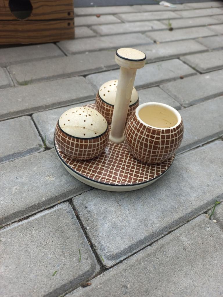 Vintage Zout- en Peperstel met Mosterdpotje, Antiek en Kunst, Ophalen of Verzenden