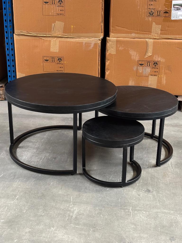 LEEGVERKOOP ACTIE: Salontafel set van 3 Rond - Zwart & Hout, 50 tot 100 cm, Rond, Nieuw, 50 tot 100 cm