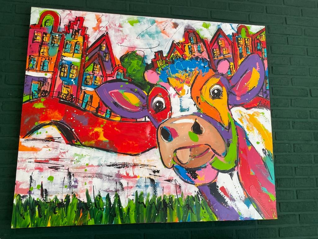 Prachtig schilderij;de koe in Amsterdam van de schilder Liz, Ophalen