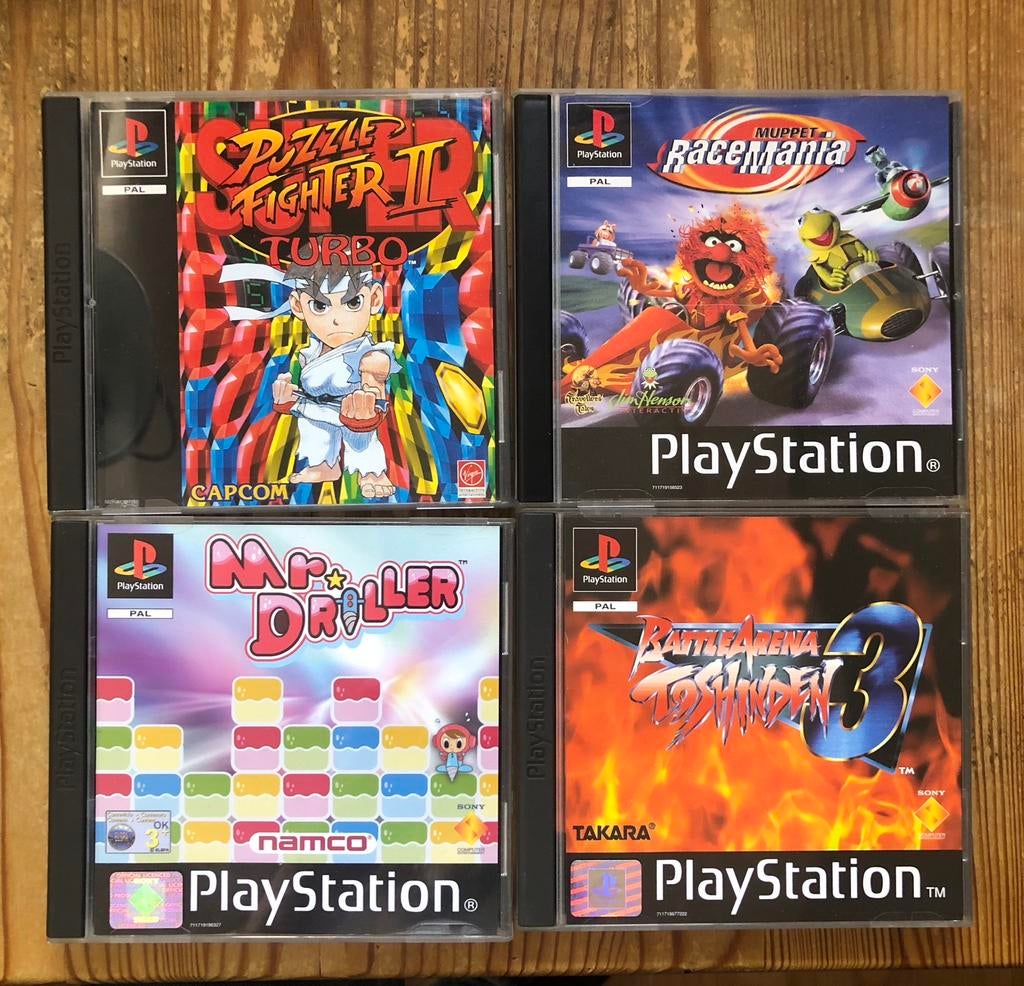 PS 1 Muppet Racemania/Mr Driller/Battle Arena/Puzzle Fighter, Vechten, 2 spelers, Ophalen of Verzenden, Zo goed als nieuw
