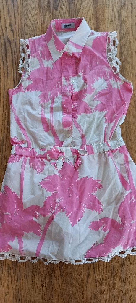 Moschino jurk met palmboomprint en kanten details, Kleding | Dames, Jumpsuits, Zo goed als nieuw, Roze, Maat 36 (S), Moschino