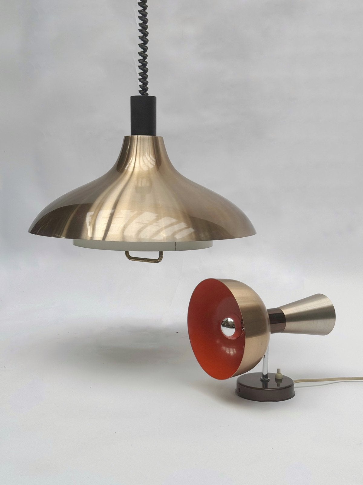 Set Vintage Dijkstra Herda Hang- en Wandlamp Mid Century MCM, Hanglamp, Zo goed als nieuw, Metaal, Zilver